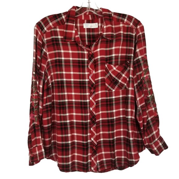 TIME AND TRU Embroidered Plaid Shirt Top Long Sleeve Button Up Women's size XXL - Picture 1 of 4
